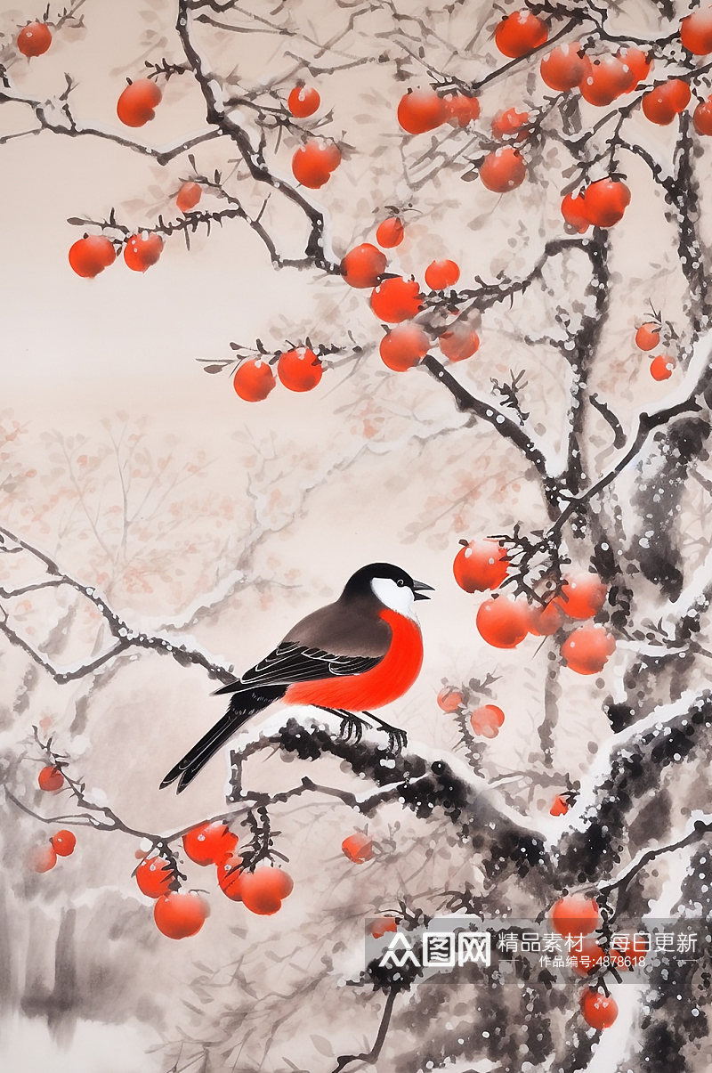 AI数字艺术喜鹊红色冬青工笔中式花鸟画素材