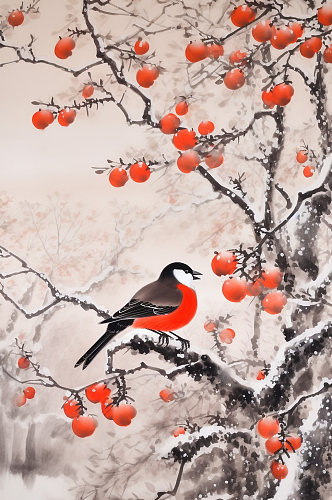 AI数字艺术喜鹊红色冬青工笔中式花鸟画