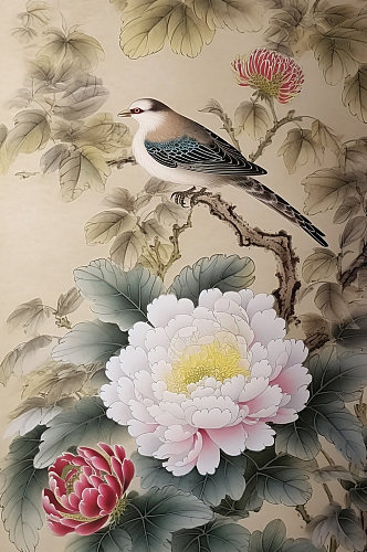 AI数字艺术麻雀白色牡丹花工笔中式花鸟画