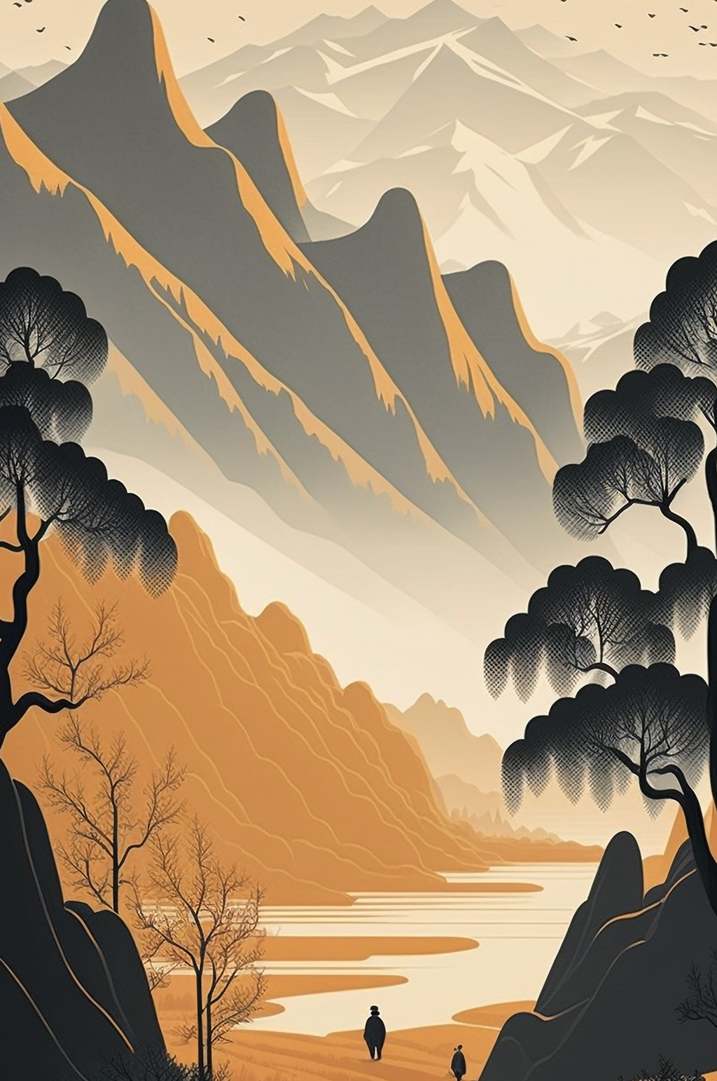 AI数字艺术意境禅意山川中国风风景插画素材