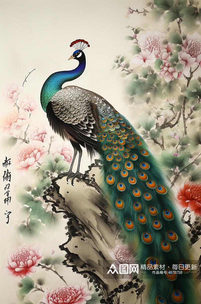AI数字艺术中国风花卉枝头孔雀工笔画素材