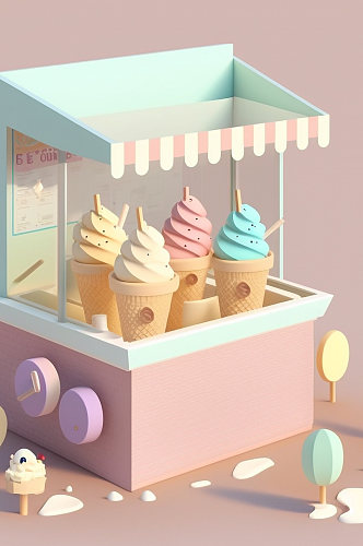 AI数字艺术美食店铺冰淇淋推车小场景模型
