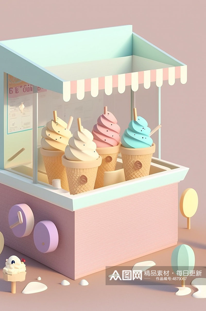 AI数字艺术美食店铺冰淇淋推车小场景模型素材