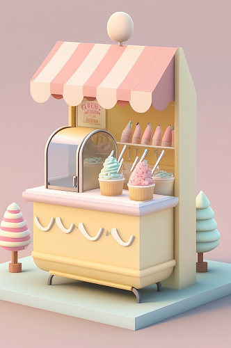 AI数字艺术美食店铺冰淇淋推车小场景模型