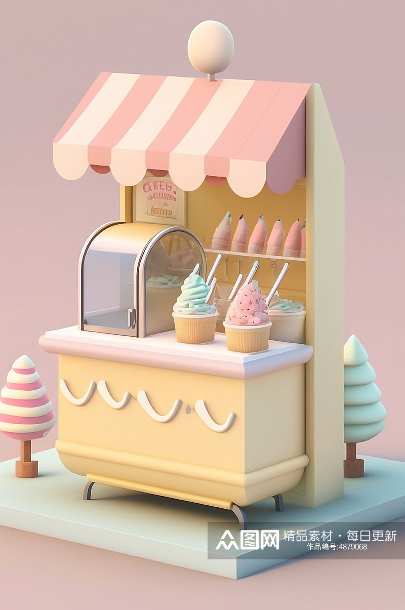 AI数字艺术美食店铺冰淇淋推车小场景模型素材