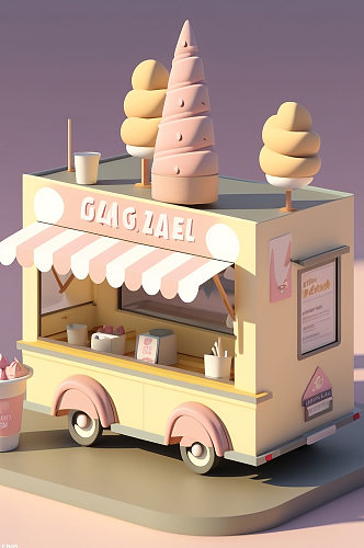 AI数字艺术美食店铺冰淇淋车小场景模型