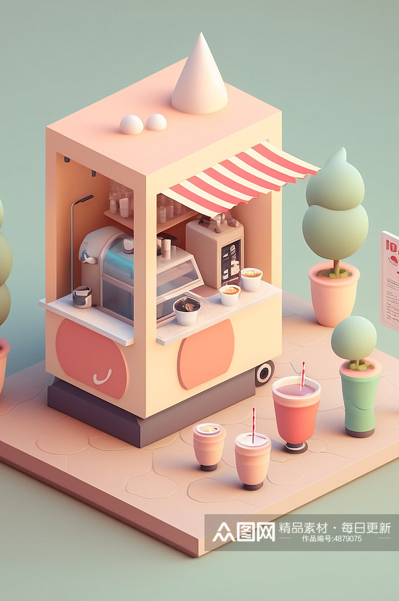 AI数字艺术美食店铺奶茶店小场景模型素材