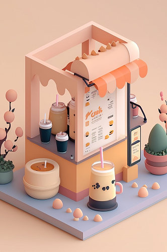 AI数字艺术美食店铺奶茶店小场景模型