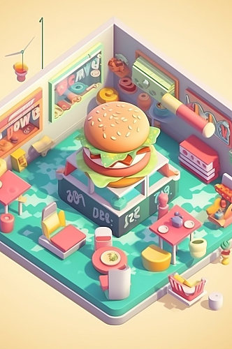 AI数字艺术美食店铺汉堡店小场景模型