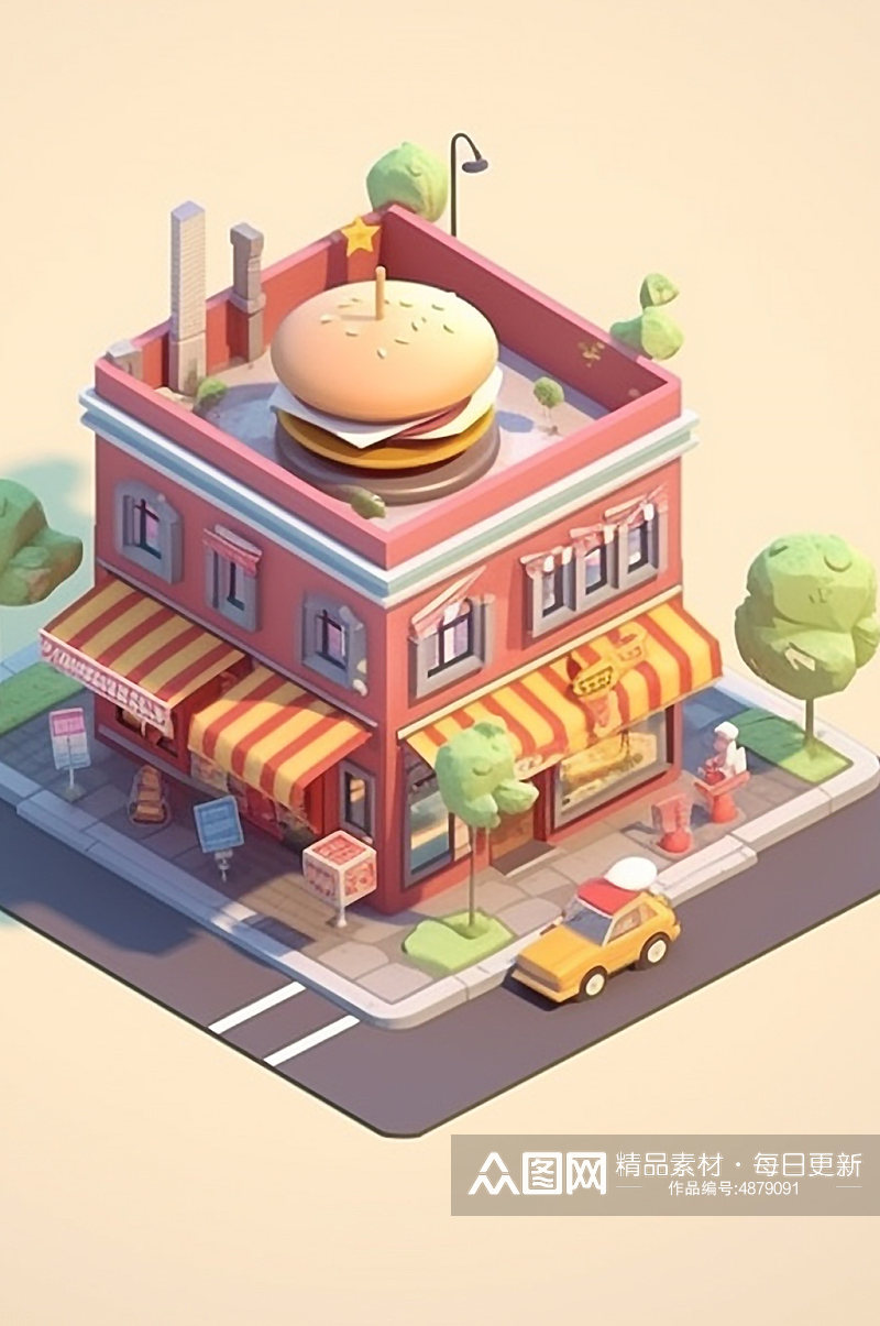 AI数字艺术美食店铺汉堡店小场景模型素材