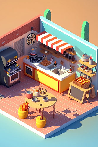 AI数字艺术美食店铺厨房小场景模型