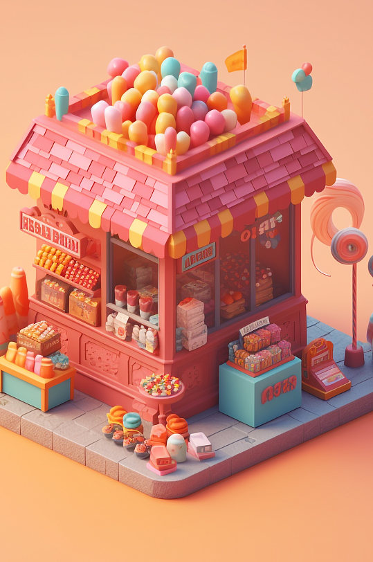 AI数字艺术美食店铺糖果店小场景模型