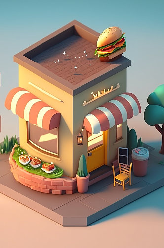 AI数字艺术美食店铺汉堡店小场景模型