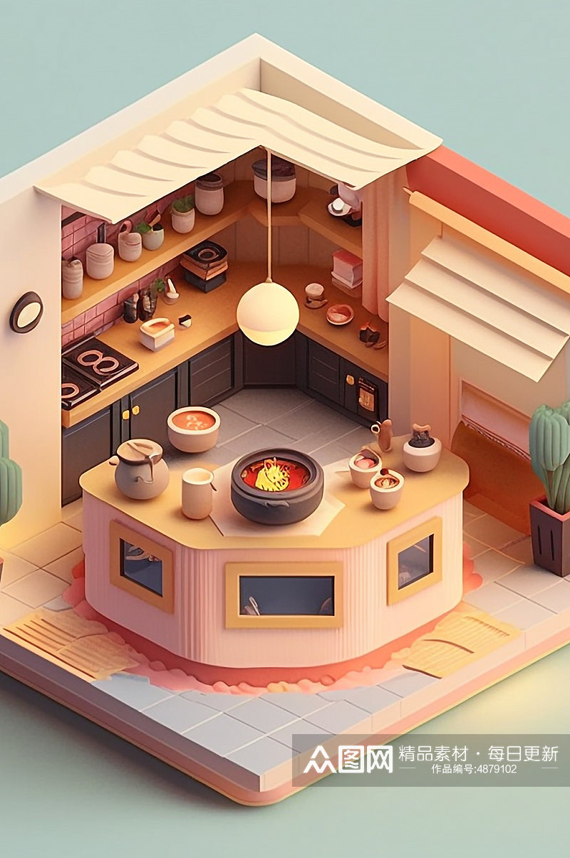 AI数字艺术美食店铺厨房小场景模型素材