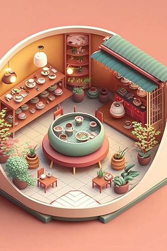AI数字艺术美食店铺饭桌小场景模型