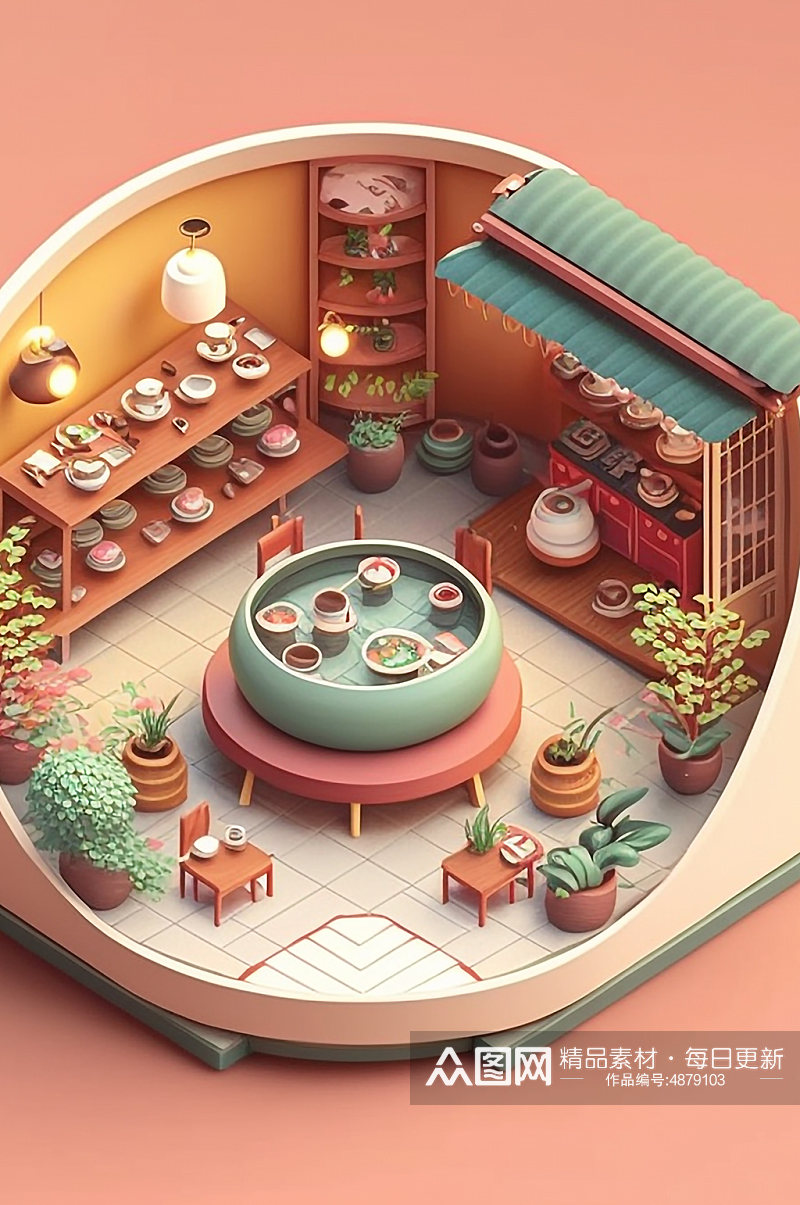 AI数字艺术美食店铺饭桌小场景模型素材
