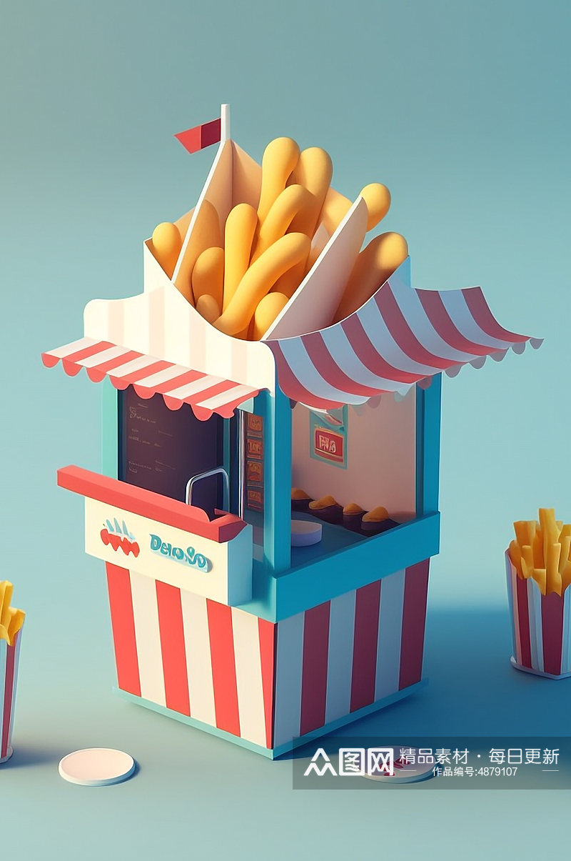 AI数字艺术美食店铺薯条店小场景模型素材