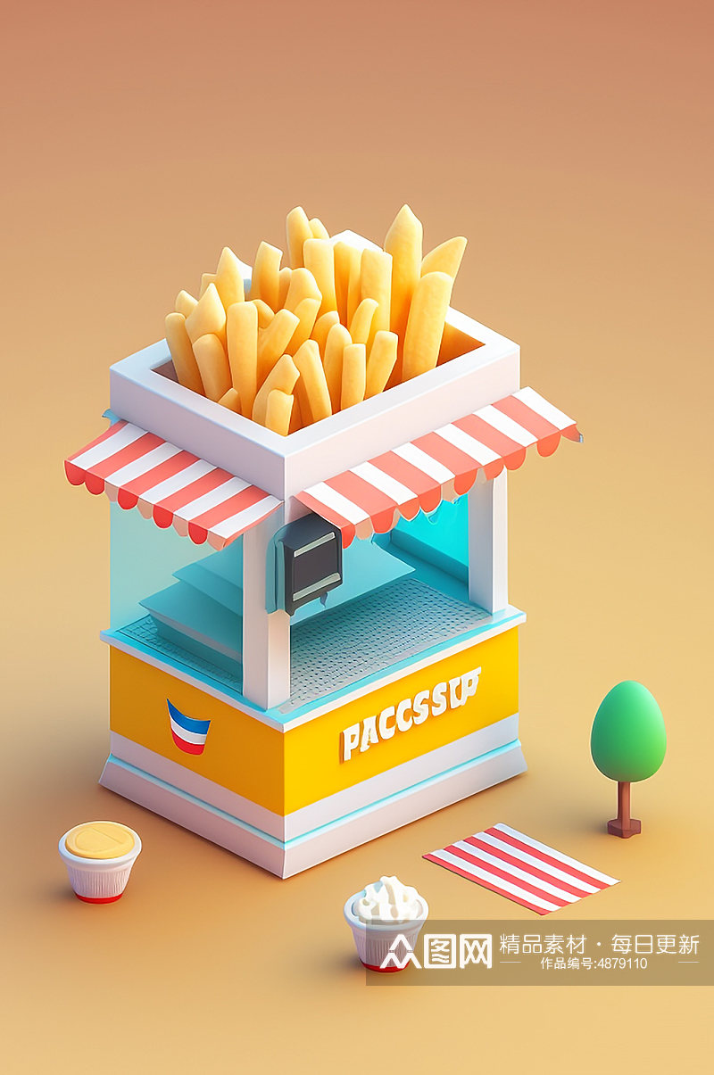 AI数字艺术美食店铺薯条店小场景模型素材