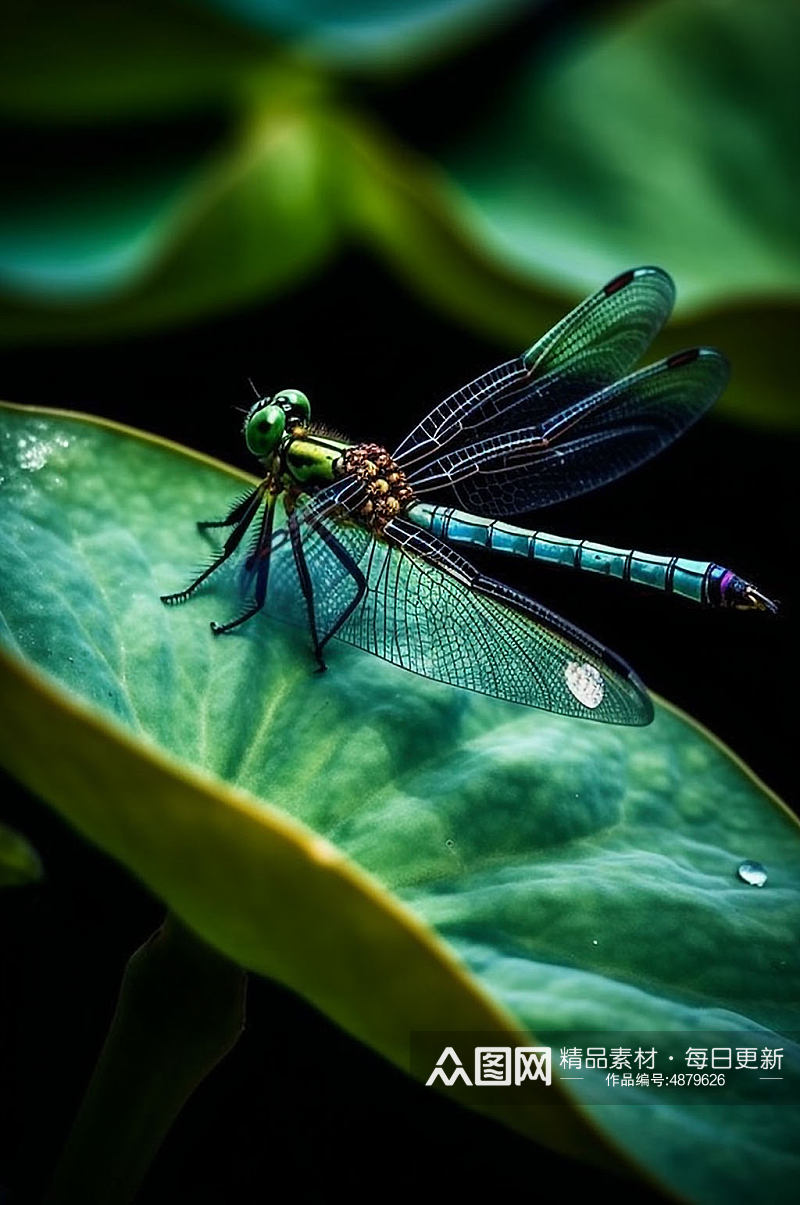 AI数字艺术蜻蜓停在荷叶夏季摄影图片素材