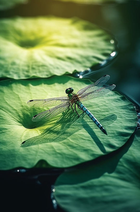 AI数字艺术蜻蜓停在荷叶夏季摄影图片
