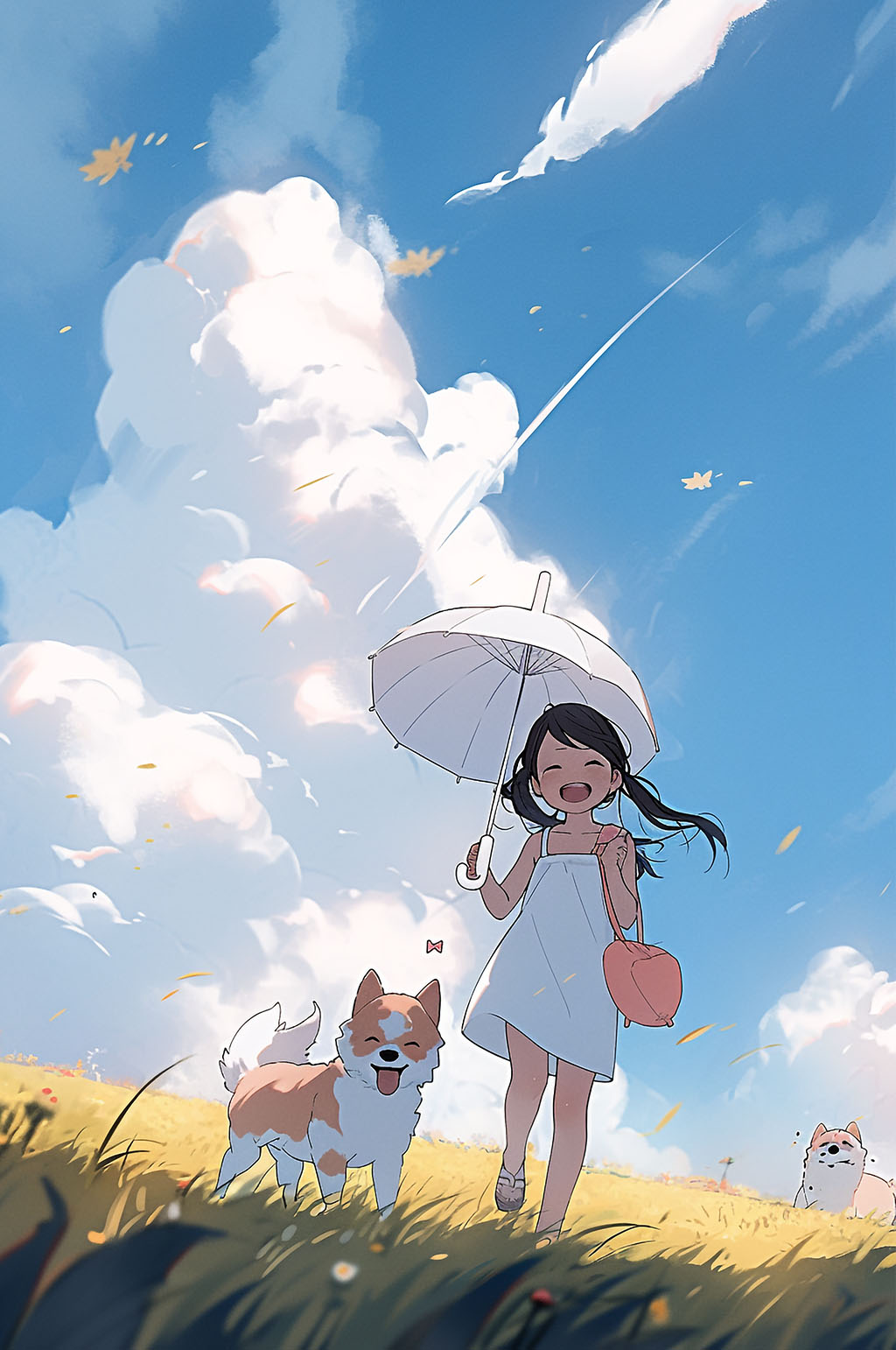 AI数字艺术女孩天空风吹草地夏季插画素材