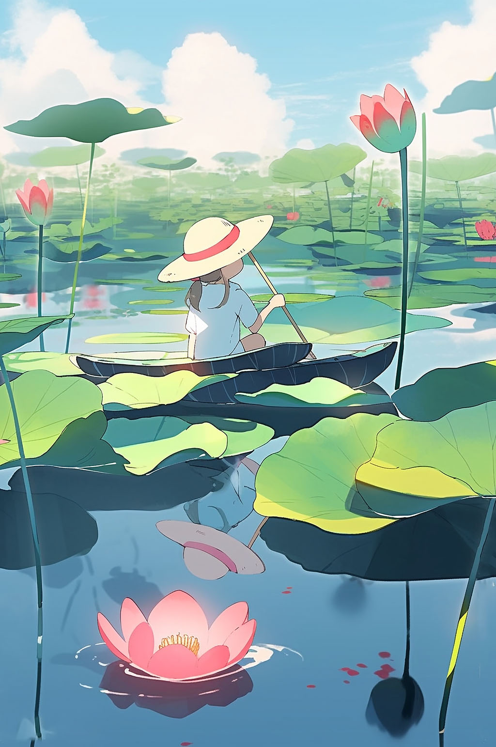 AI数字艺术女孩小船池塘荷花荷叶夏季插画素材