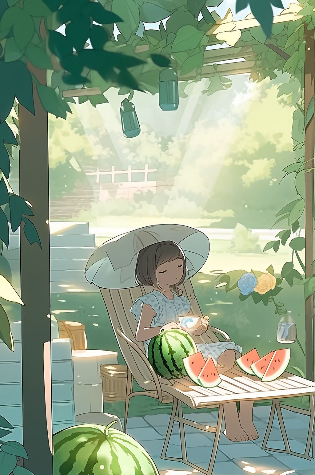 AI数字艺术午后女孩小暑后院西瓜夏至夏季插画素材