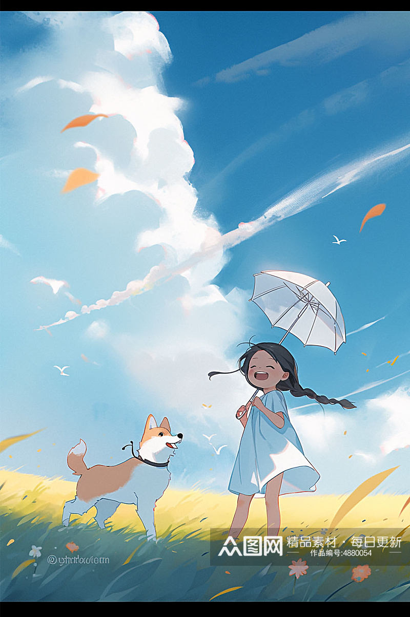 AI数字艺术女孩天空风吹草地夏季插画素材
