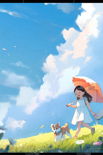 AI数字艺术女孩天空风吹草地夏季插画