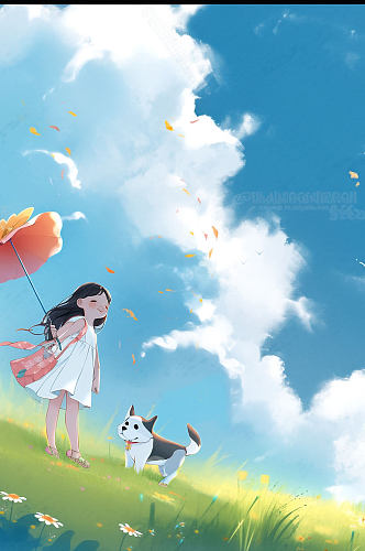 AI数字艺术女孩天空风吹草地夏季插画