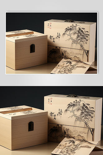 AI数字艺术木盒包装茶叶包装样机模型