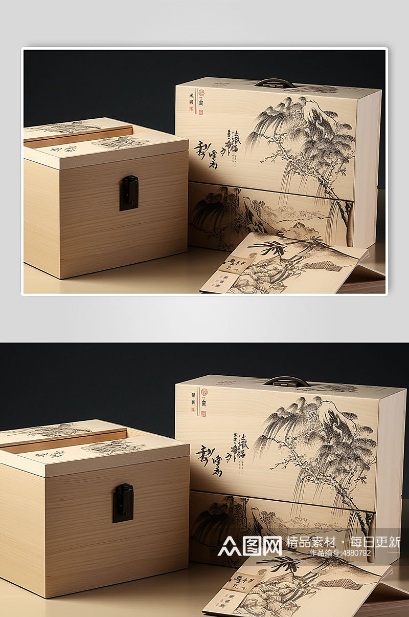 AI数字艺术木盒包装茶叶包装样机模型素材