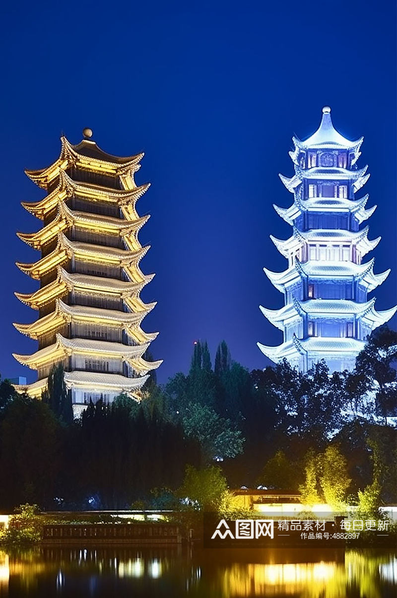 AI数字艺术桂林日月双塔景点风景摄影图片素材