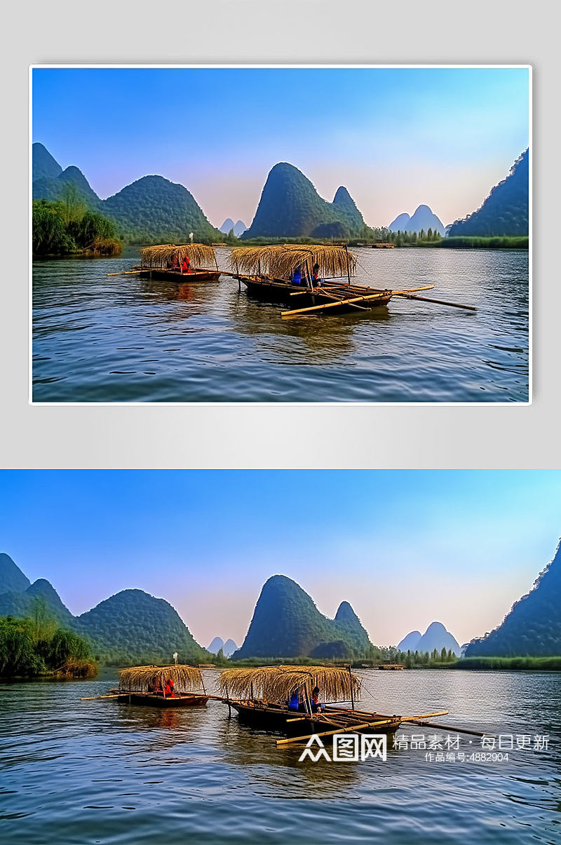 AI数字艺术桂林竹筏旅游景点山水风景摄影图片素材