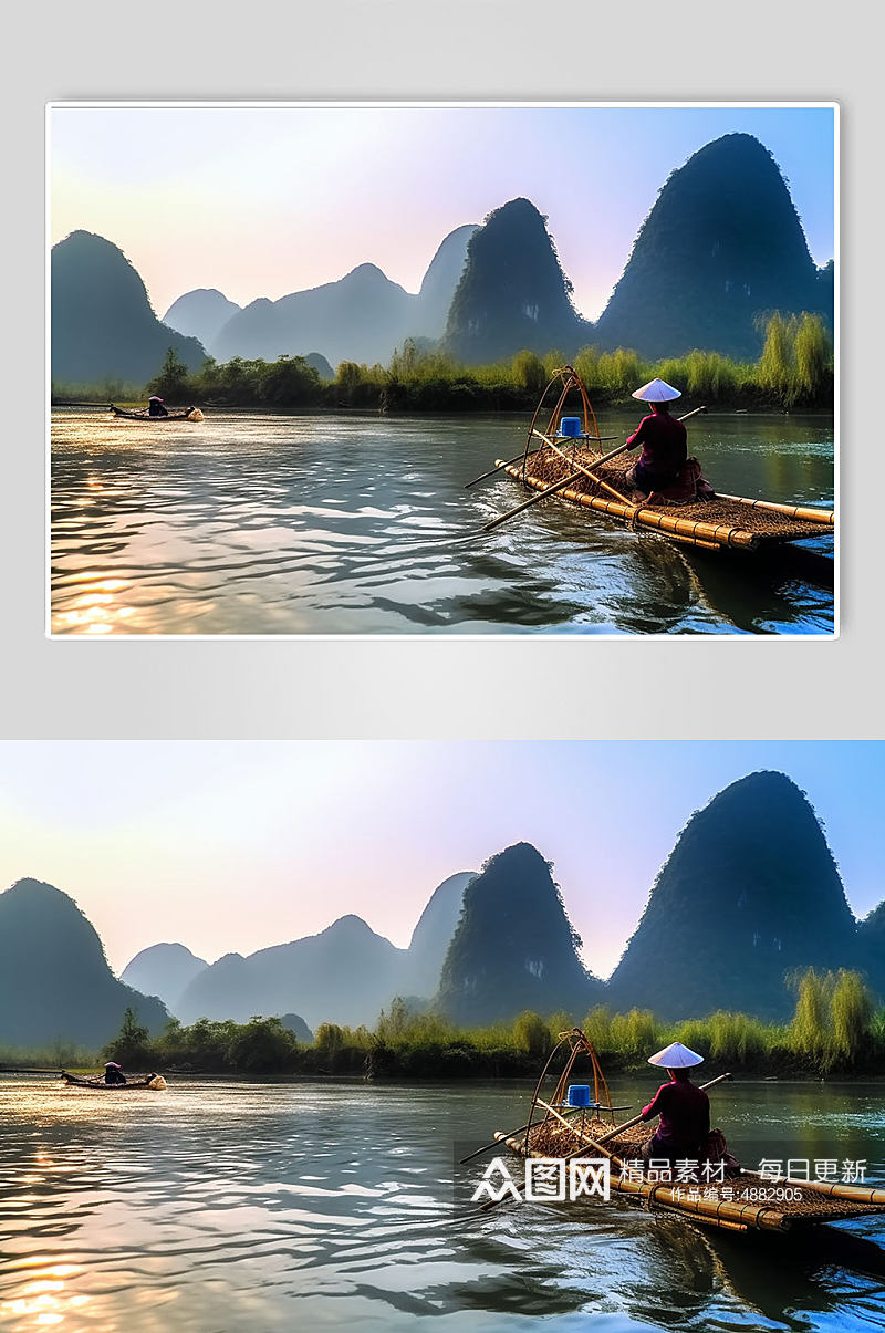 AI数字艺术桂林竹筏旅游景点山水风景摄影图片素材