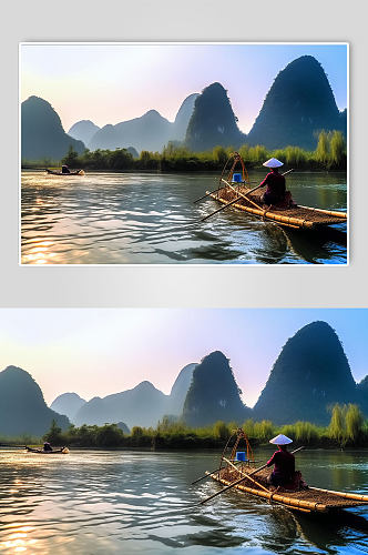 AI数字艺术桂林竹筏旅游景点山水风景摄影图片