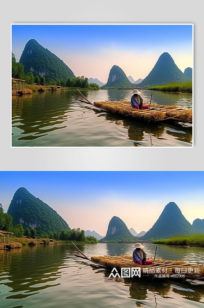 AI数字艺术桂林竹筏旅游景点风景摄影图片素材