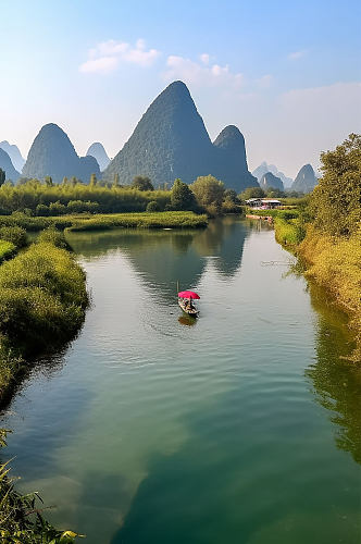 AI数字艺术桂林竹筏旅游山水景点风景摄影图片