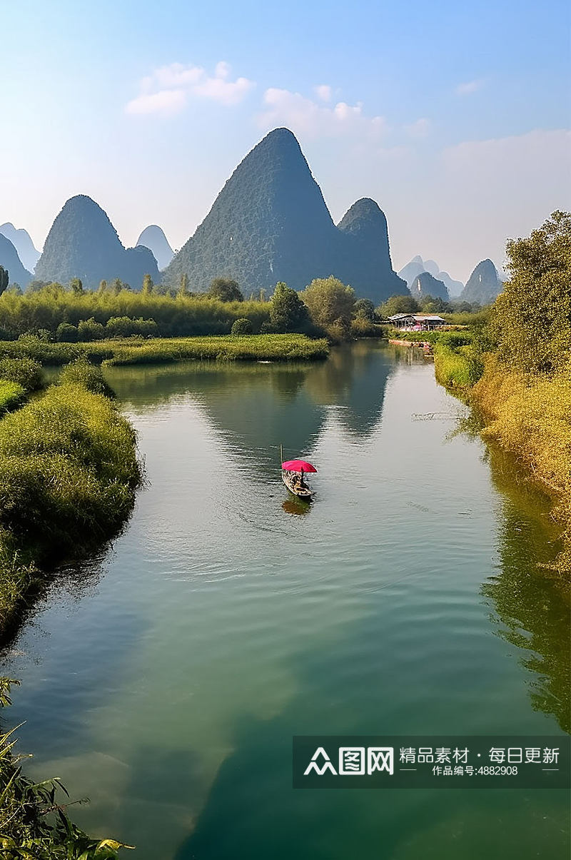 AI数字艺术桂林竹筏旅游山水景点风景摄影图片素材