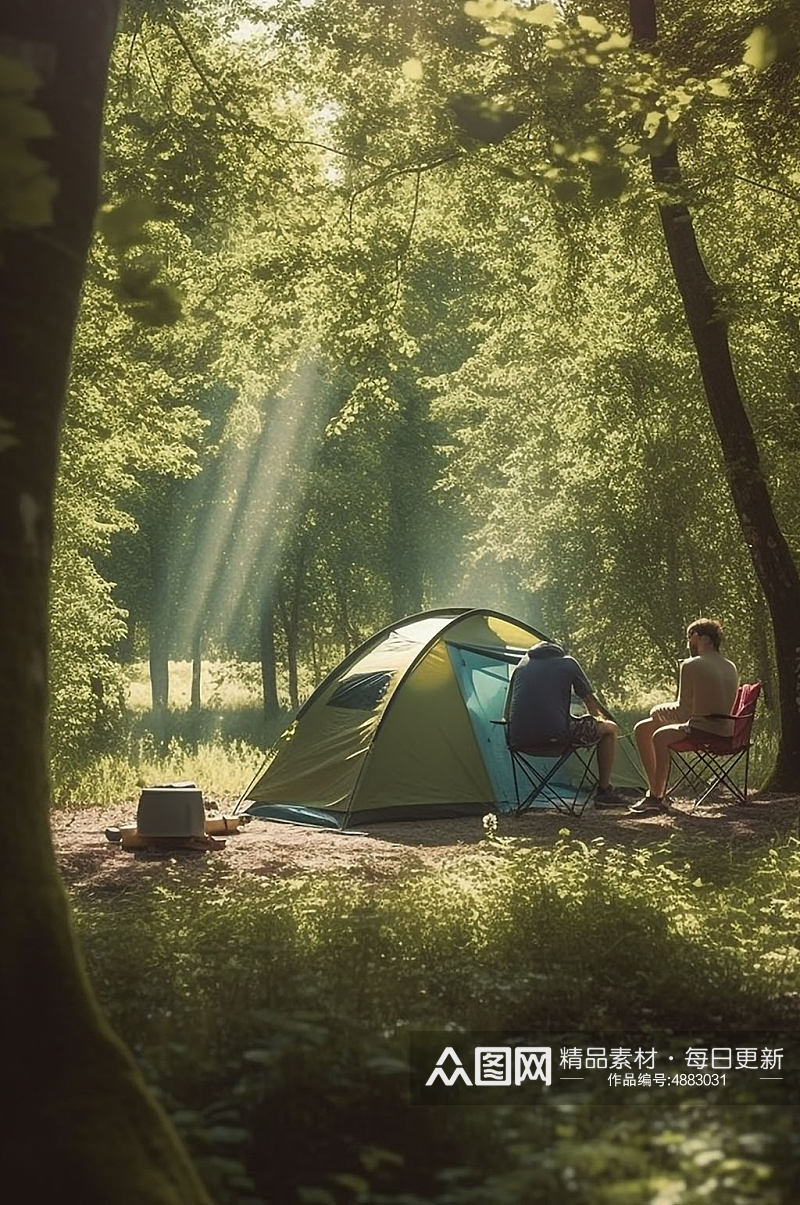 AI数字艺术户外露营野炊帐篷清晨摄影图片素材