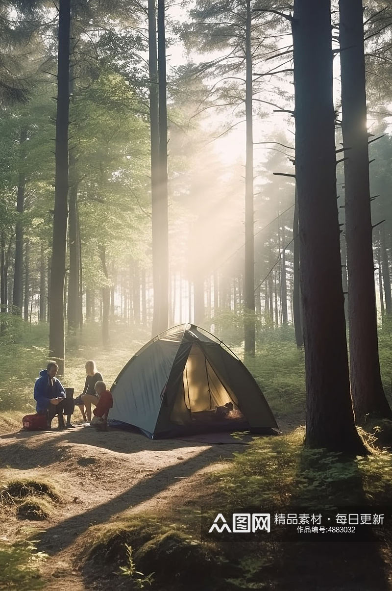 AI数字艺术户外露营野炊帐篷清晨摄影图片素材