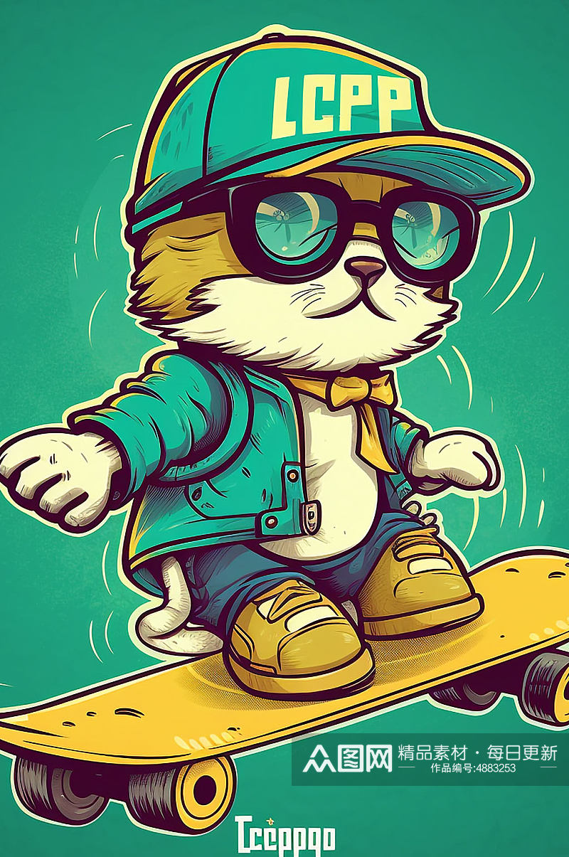AI数字艺术运动系小猫滑板吉祥物插画素材