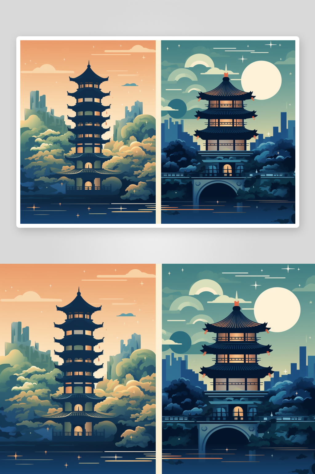 数字艺术国潮风苏州城市建筑插画素材