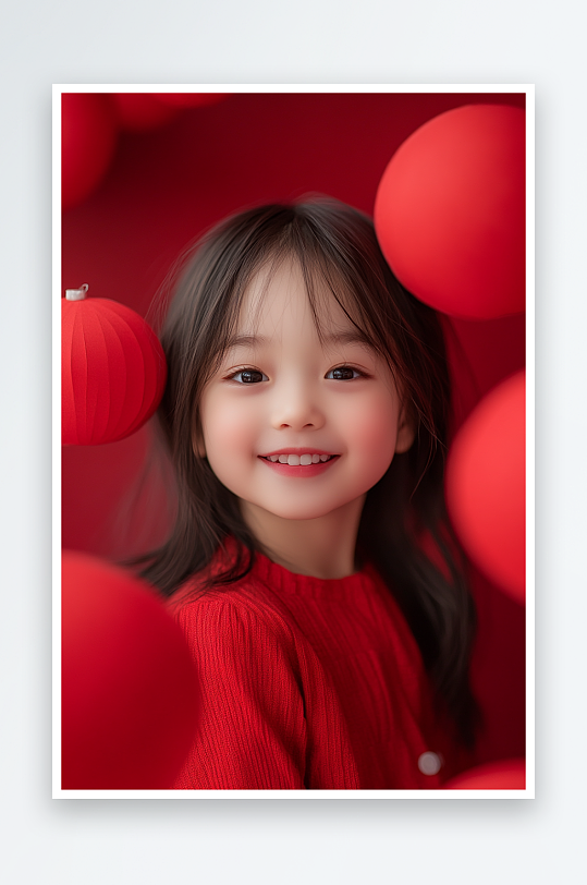 AI红色灯笼新年儿童小女孩人物摄影图-众图网