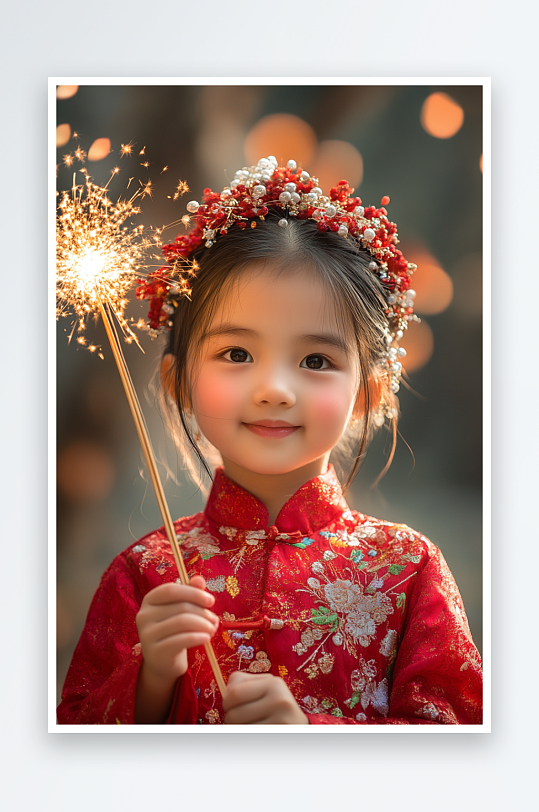 AI蛇年烟花新年儿童小女孩人物摄影图
