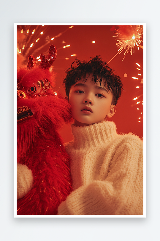 AI蛇年舞狮子新年儿童小男孩人物摄影图-众图网