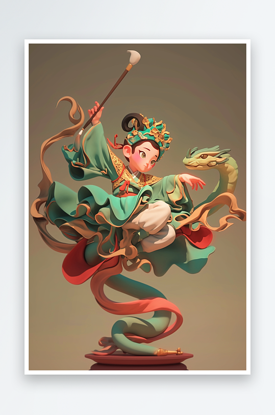 AI數(shù)字藝術毛筆蛇年漢服人物模型插畫