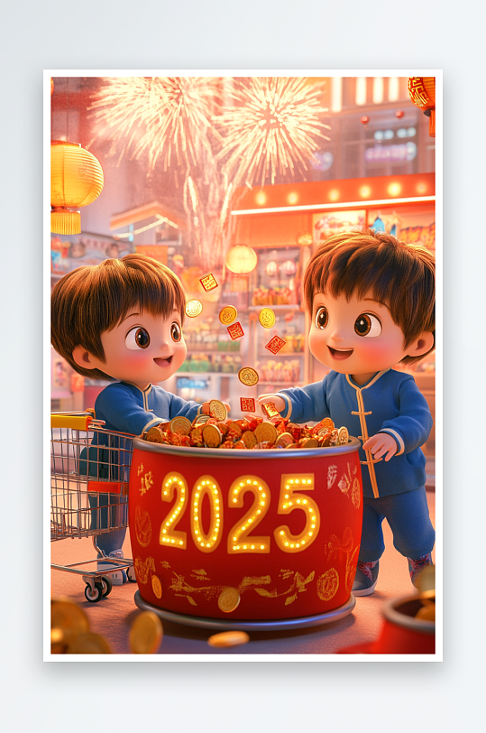 AI购物年货2025年新年元旦卡通插画背景图