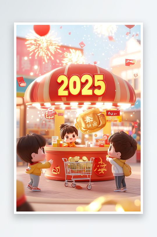 AI购物年货2025年新年元旦卡通插画背景图
