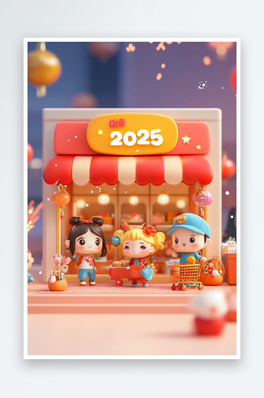 AI购物年货2025年新年元旦卡通背景图-众图网